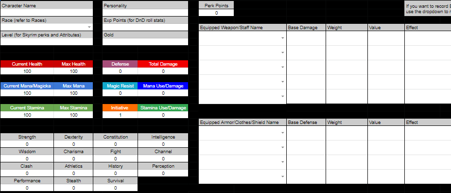 A screenshot of the spreadsheet for my ESTT game system, showcasing the design of my game