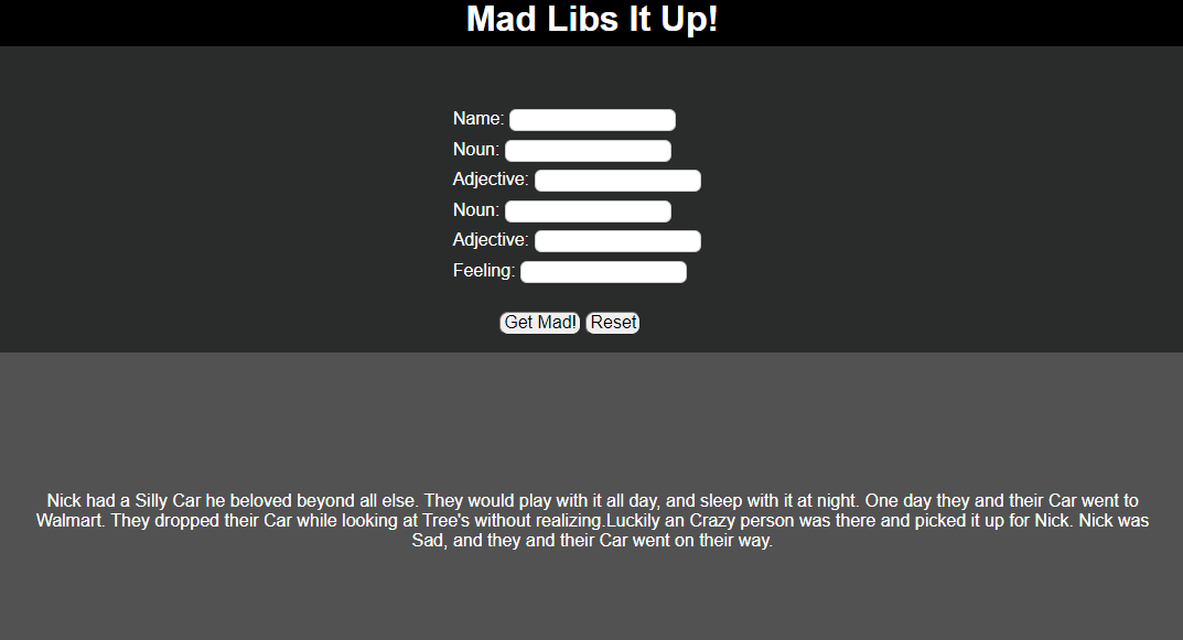 A screenshot of the madlibs webapp, showcasing the design and the Front-End of the page.