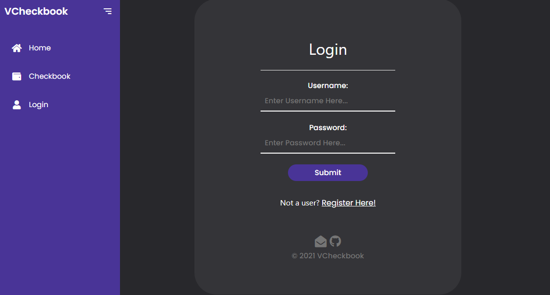 A screenshot of the vcheckbook webapp, showcasing the design and the Front-End of the page.